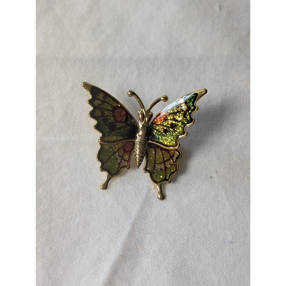 Vintage Gold Tone Glitter Enamel Butterfly Brooch Pin Green Orange Whimsical
